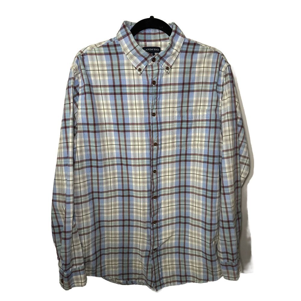 Lands' End 16-16 1/2 Men's Blue Red Grn Plaid Long Sleeve Button Down Shirt L/T